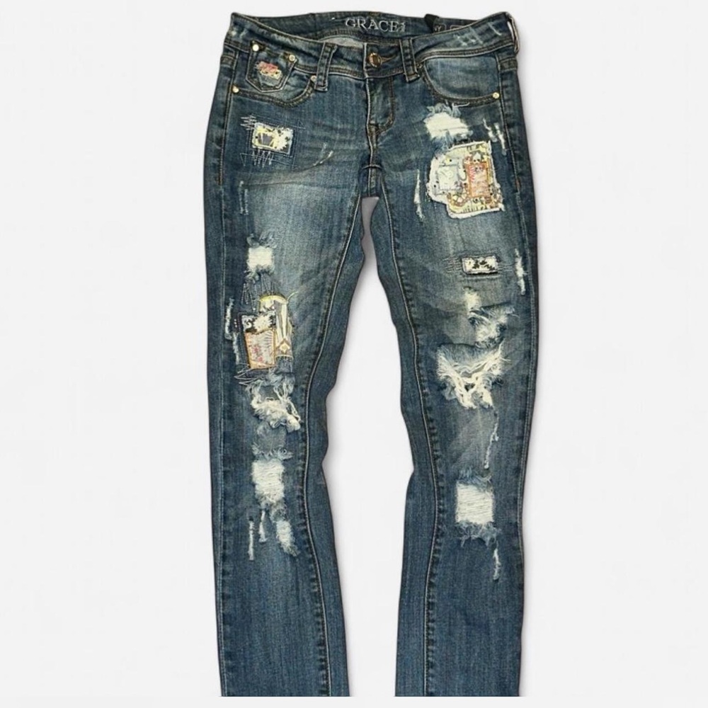 Y2K STYLE GRACE IN LA DISTRESSED RHINESTONE EMBELLISHED PATCHWORK SKINNY JEANS